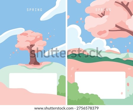 A minimal vector landscape background featuring beautiful pink cherry blossoms in full bloom with a blank frame.