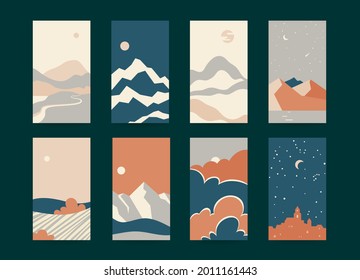 Minimal vector landscape illustrations collection. Flat style design templates collection for poster print, invitation, business card, social network stories background related to lifestyle, traveling