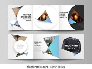 The minimal vector layout of square format covers design templates for trifold brochure, flyer, magazine. Creative modern background with blue triangles and triangular shapes. Simple design decoration