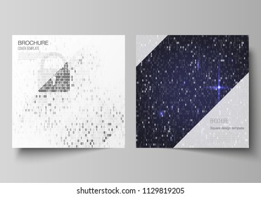 The minimal vector layout of two square format covers design templates for brochure, flyer, magazine. Binary code background. AI, big data, coding or hacker concept, digital technology background.