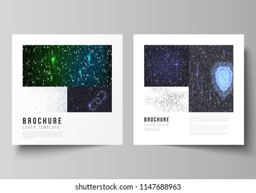 The minimal vector layout of two square format covers design templates for brochure, flyer, magazine. Binary code background. AI, big data, coding or hacker concept, digital technology background.