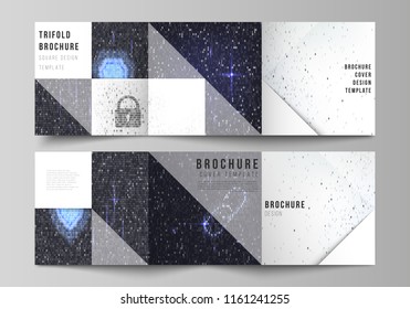 The minimal vector layout of two square format covers design templates for trifold square brochure, flyer. Binary code background. AI, big data, coding or hacker concept, digital technology background
