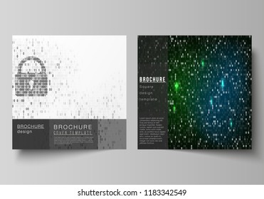 The minimal vector layout of two square format covers design templates for brochure, flyer, magazine. Binary code background. AI, big data, coding or hacker concept, digital technology background