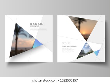 The minimal vector layout of two square format covers design templates for brochure, flyer, magazine. Creative modern background with blue triangles and triangular shapes. Simple design decoration