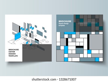 The minimal vector layout of two square format covers design templates for brochure, flyer, magazine. Abstract polygonal background, colorful mosaic pattern, retro bauhaus de stijl design.