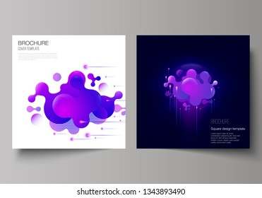 The minimal vector layout of two square format covers design templates for brochure, flyer, magazine. Black background with fluid gradient, liquid blue colored geometric element.
