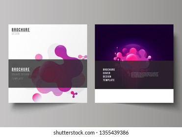 The minimal vector layout of two square format covers design templates for brochure, flyer, magazine. Black background with fluid gradient, liquid pink colored geometric element.