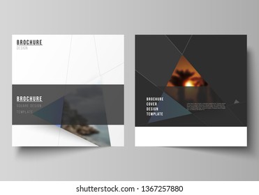 The minimal vector layout of two square format covers design templates for brochure, flyer, magazine. Creative modern background with blue triangles and triangular shapes. Simple design decoration.