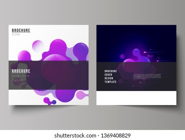 The minimal vector layout of two square format covers design templates for brochure, flyer, magazine. Black background with fluid gradient, liquid blue colored geometric element.