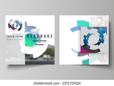 The minimal vector layout of two square format covers design templates for brochure, flyer, magazine. Futuristic design circular pattern, circle elements forming geometric frame for photo.