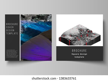 Minimal vector layout of two square format covers design templates for brochure, flyer, magazine. Big data. Dynamic geometric background. Cubes pattern design with motion effect. 3d technology style.