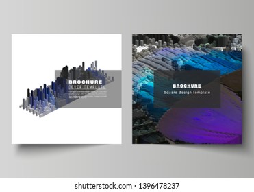 Minimal vector layout of two square format covers design templates for brochure, flyer, magazine. Big data. Dynamic geometric background. Cubes pattern design with motion effect. 3d technology style.