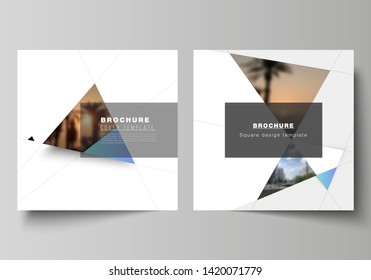 The minimal vector layout of two square format covers design templates for brochure, flyer, magazine. Creative modern background with blue triangles and triangular shapes. Simple design decoration.