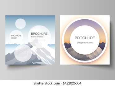The minimal vector layout of two square format covers design templates for brochure, flyer, magazine. Mountain illustration, outdoor adventure. Travel concept background. Flat design vector.