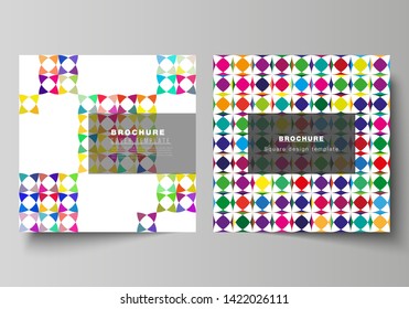 The minimal vector layout of two square format covers design templates for brochure, flyer, magazine. Abstract background, geometric mosaic pattern with bright circles, geometric shapes.