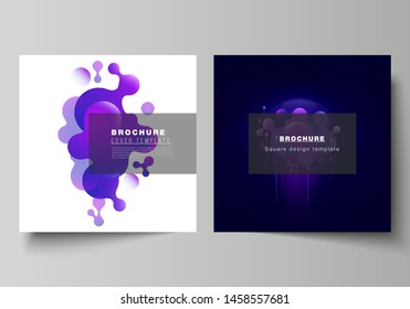 The minimal vector layout of two square format covers design templates for brochure, flyer, magazine. Black background with fluid gradient, liquid blue colored geometric element.