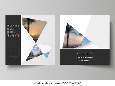 The minimal vector layout of two square format covers design templates for brochure, flyer, magazine. Creative modern background with blue triangles and triangular shapes. Simple design decoration.
