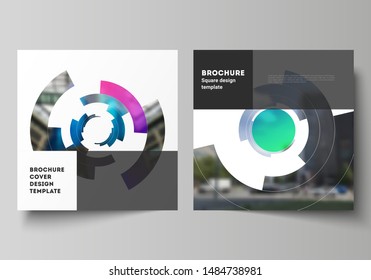 The minimal vector layout of two square format covers design templates for brochure, flyer, magazine. Futuristic design circular pattern, circle elements forming geometric frame for photo.