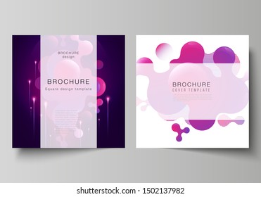 The minimal vector layout of two square format covers design templates for brochure, flyer, magazine. Black background with fluid gradient, liquid pink colored geometric element.