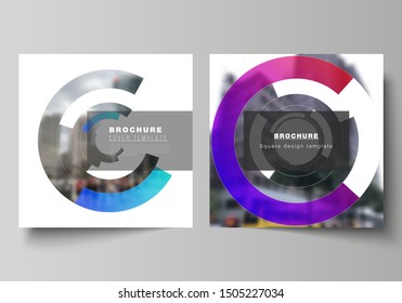 The minimal vector layout of two square format covers design templates for brochure, flyer, magazine. Futuristic design circular pattern, circle elements forming geometric frame for photo.