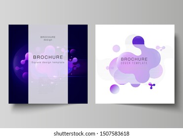 The minimal vector layout of two square format covers design templates for brochure, flyer, magazine. Black background with fluid gradient, liquid blue colored geometric element.