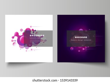 The minimal vector layout of two square format covers design templates for brochure, flyer, magazine. Black background with fluid gradient, liquid pink colored geometric element.