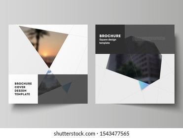 The minimal vector layout of two square format covers design templates for brochure, flyer, magazine. Creative modern background with blue triangles and triangular shapes. Simple design decoration.