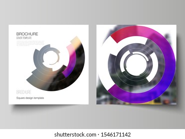 The minimal vector layout of two square format covers design templates for brochure, flyer, magazine. Futuristic design circular pattern, circle elements forming geometric frame for photo.