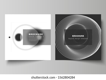 The minimal vector layout of two square format covers design templates for brochure, flyer, magazine. Geometric abstract background, futuristic science and technology concept for minimalistic design.