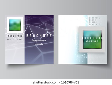 Minimal vector layout of two square format covers design templates for brochure, flyer, magazine. 3d polygonal geometric modern design abstract background. Science or technology vector illustration.