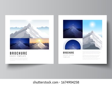 The minimal vector layout of two square format covers design templates for brochure, flyer, magazine. Mountain illustration, outdoor adventure. Travel concept background. Flat design vector.