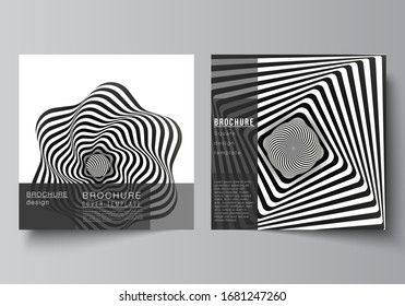 The minimal vector layout of two square format covers design templates for brochure, flyer, magazine. Abstract 3D geometrical background with optical illusion black and white design pattern.