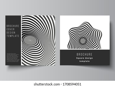 The minimal vector layout of two square format covers design templates for brochure, flyer, magazine. Abstract 3D geometrical background with optical illusion black and white design pattern.