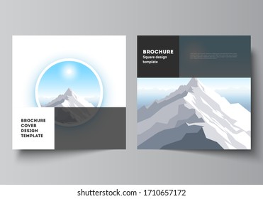 The minimal vector layout of two square format covers design templates for brochure, flyer, magazine. Mountain illustration, outdoor adventure. Travel concept background. Flat design vector.