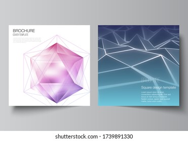 Minimal vector layout of two square format covers design templates for brochure, flyer, magazine. 3d polygonal geometric modern design abstract background. Science or technology vector illustration.