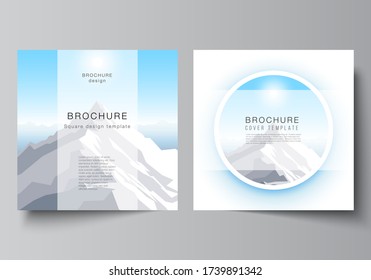 The minimal vector layout of two square format covers design templates for brochure, flyer, magazine. Mountain illustration, outdoor adventure. Travel concept background. Flat design vector.