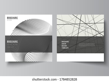 The minimal vector layout of two square format covers design templates for brochure, flyer, magazine. Geometric abstract background, futuristic science and technology concept for minimalistic design.