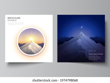 The minimal vector layout of two square format covers design templates for brochure, flyer, magazine. Mountain illustration, outdoor adventure. Travel concept background. Flat design vector.