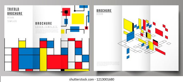 The minimal vector layouts. Modern creative covers design templates for trifold brochure or flyer. Abstract polygonal background, colorful mosaic pattern, retro bauhaus de stijl design.