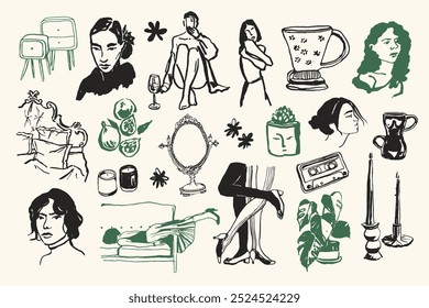 Minimal vector lifestyle illustration set with woman silhouettes and home decor doodles. Art for postcards, branding, logo design, background.