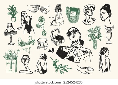 Minimale Vektor Lifestyle Illustration Set mit Frau Silhouetten und Home-Dekor-Doodles. Kunst für Postkarten, Branding, Logo-Design, Hintergrund.