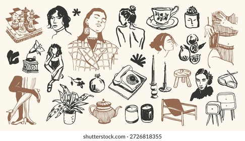 Minimal Vektor Lifestyle Illustration Set mit Frauen Silhouetten und Home-Dekor-Doodles. Ideal für Postkarten, Branding, Logo-Design und Hintergrundgrafiken.	