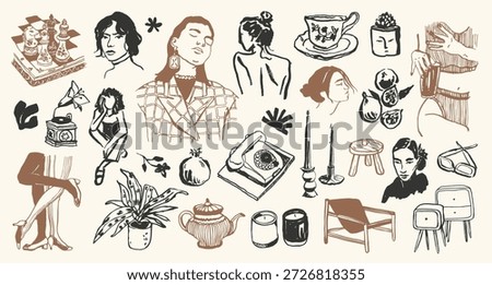 Minimal vector lifestyle illustration set featuring woman silhouettes and home decor doodles. Perfect for postcards, branding, logo design, and background graphics.	