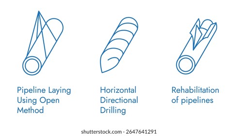 Minimal vector line art icons of open-trench pipeline laying, horizontal directional drilling and pipeline rehabilitation. Ideal for engineering, oil, gas, construction.