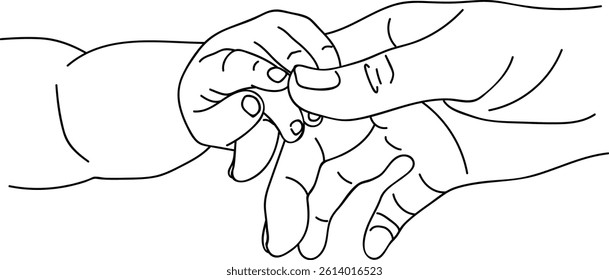 Minimal vector line drawing of baby hand gripping adult's thumb, emotional family concept