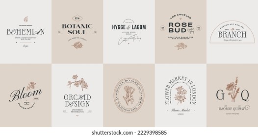 Minimal vector logo collection with botanical illustrations for cosmetics, wellness and spa, beauty industry, creative agency, flower boutique