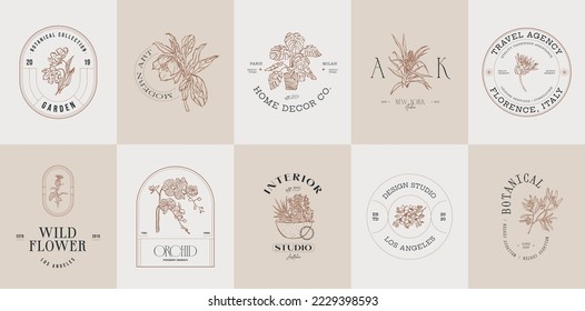 Minimal vector logo collection with botanical illustrations for cosmetics, wellness and spa, beauty industry, creative agency, flower boutique