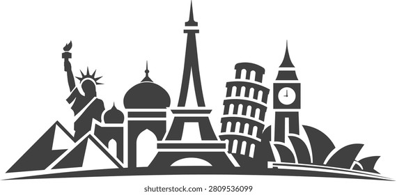 Minimal vector logo featuring a collection of iconic world landmarks arranged in a clean architectural skyline. Ideal for travel brands, tourism marketing, hospitality businesses, destination campaigns, corporate identity, merchandise, and premium branding projects.