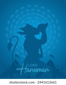 Minimaler Vektor von Lord Hanuman Ji tragender Berg mit Ram in Hindi Sprache geschrieben