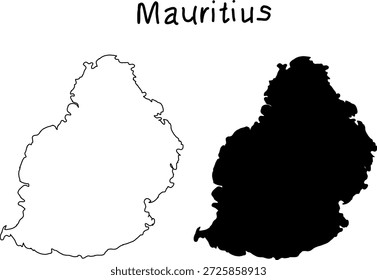 Mapa vetor mínimo da ilha Maurício mostrando contorno e silhueta sólida lado a lado, isolado no fundo branco para uso de geografia e design.